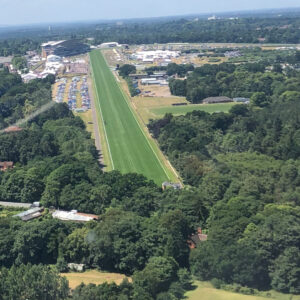 Aerial view flying in to land at the Royal Ascot horse racing course